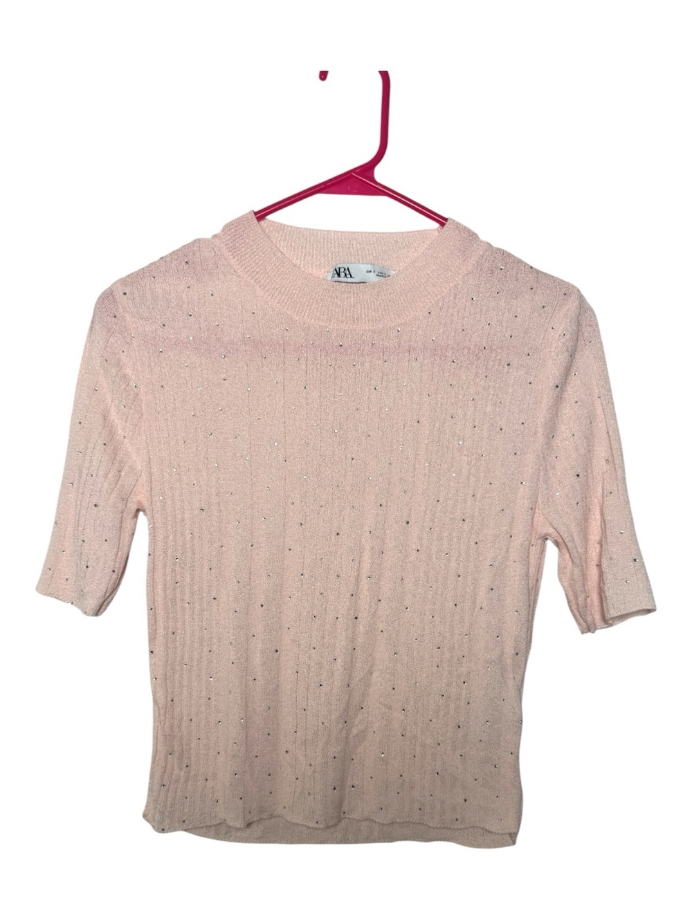Zara Light Blush Short Sleeve Knit Top with Rhinestone Detail